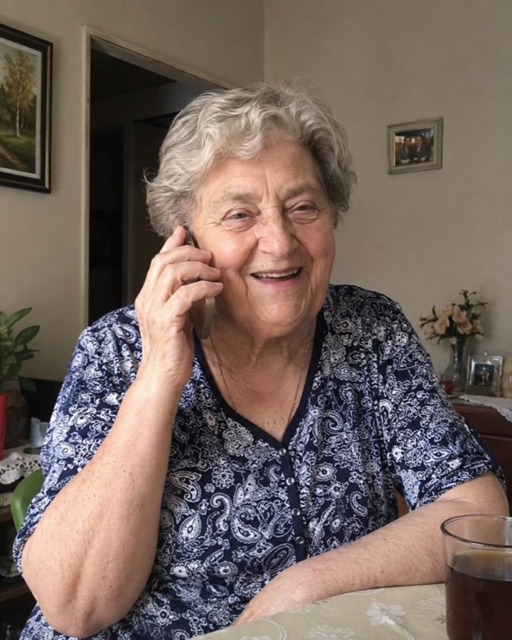 Uśmiechnięta seniorka podczas rozmowy telefonicznej w domu